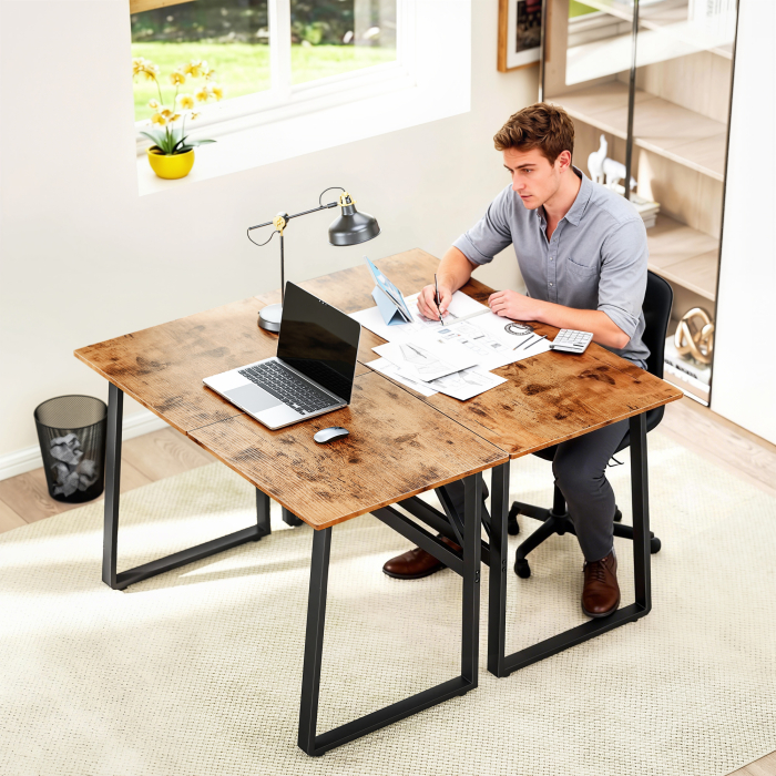  Birou pentru Computer, 120x60x76 cm Birou Lungu cu Colturi Rotunjite si Structura din Otel, Masa PC Industriala, pentru Casa, Studiu, Dormitor, Birou, Maro Rustic [7]