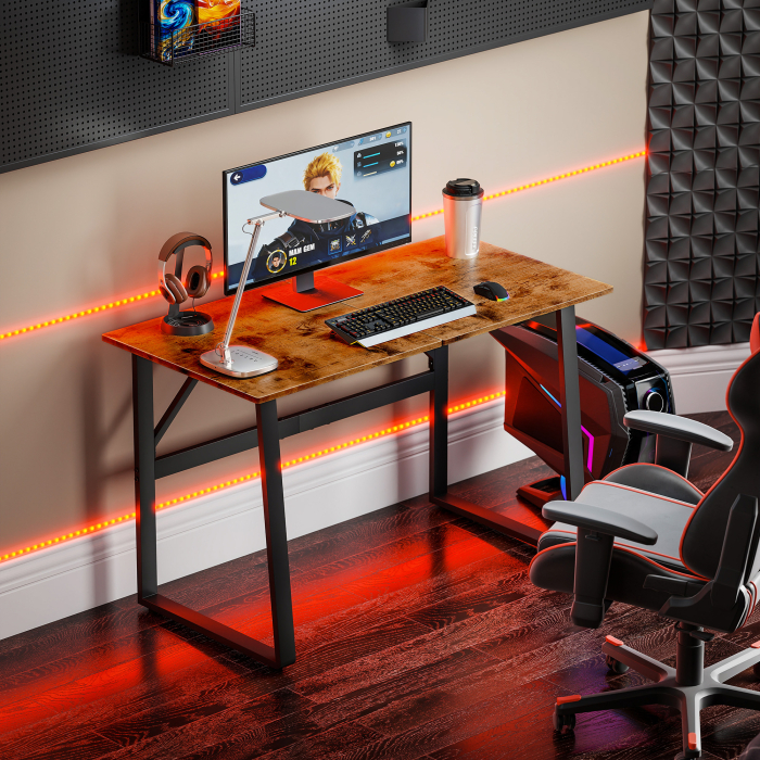  Birou pentru Computer, 120x60x76 cm Birou Lungu cu Colturi Rotunjite si Structura din Otel, Masa PC Industriala, pentru Casa, Studiu, Dormitor, Birou, Maro Rustic [8]