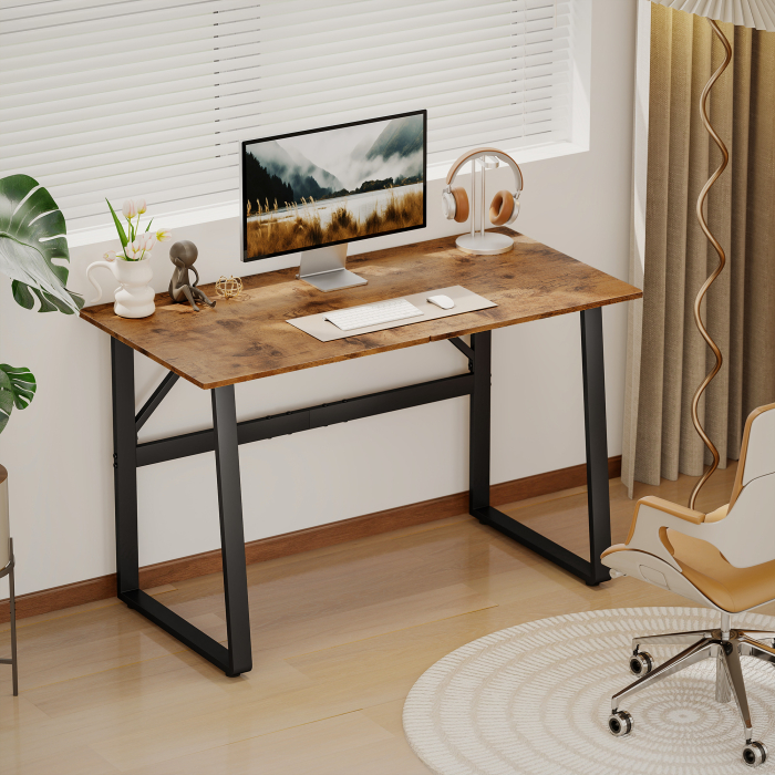  Birou pentru Computer, 120x60x76 cm Birou Lungu cu Colturi Rotunjite si Structura din Otel, Masa PC Industriala, pentru Casa, Studiu, Dormitor, Birou, Maro Rustic [2]