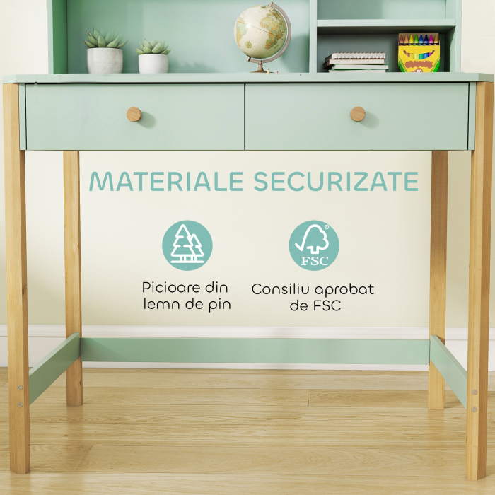  Birou pentru Copii 5-12 Ani cu 3 Rafturi si 2 Sertare, din Lemn, 90x52x105 cm, Verde [5]