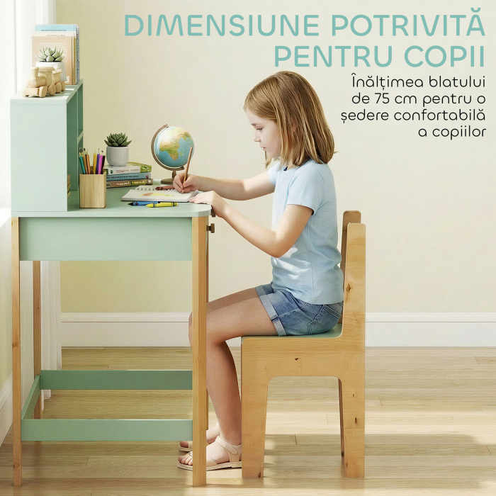  Birou pentru Copii 5-12 Ani cu 3 Rafturi si 2 Sertare, din Lemn, 90x52x105 cm, Verde [6]