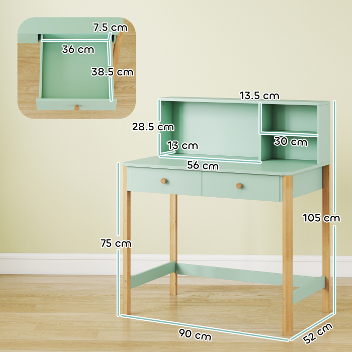  Birou pentru Copii 5-12 Ani cu 3 Rafturi si 2 Sertare, din Lemn, 90x52x105 cm, Verde [3]