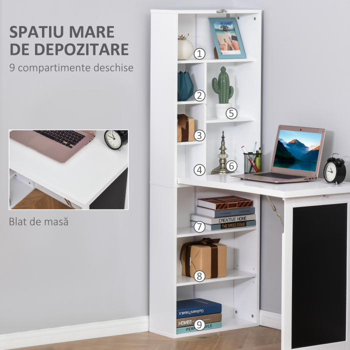  Birou Pliabil 2-in-1 - Cu Biblioteca si Tabla, Alb [5]