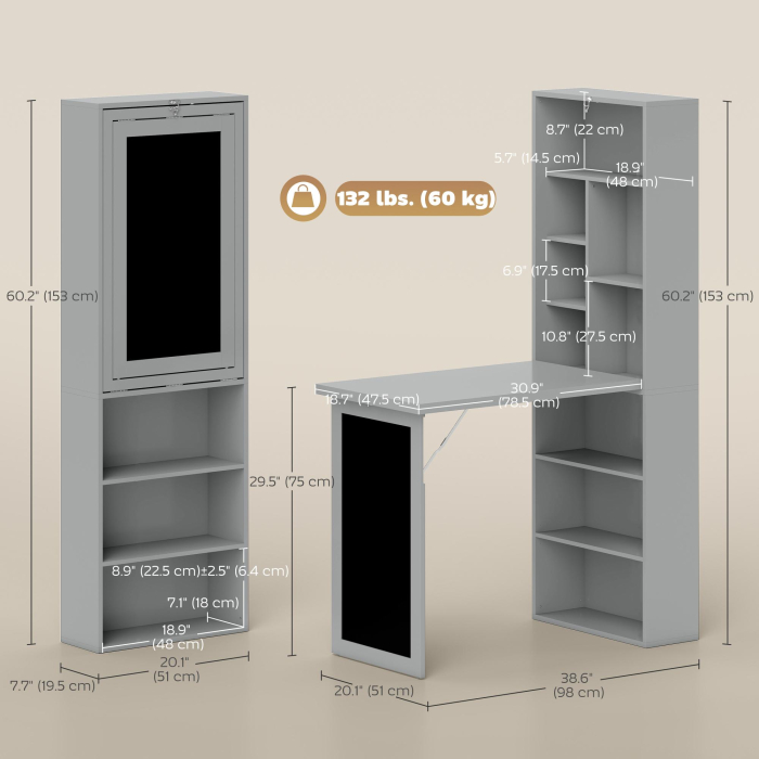  Birou Pliabil 3-in-1 - Biblioteca, Tabla & Masa Dining, 98×153 cm [3]