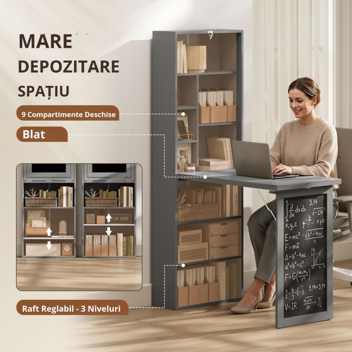  Birou Pliabil 3-in-1 - Biblioteca, Tabla & Masa Dining, 98×153 cm [5]