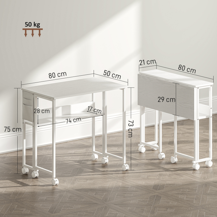  Birou Pliabil Alb - Cu Raft & Roti, Compact 80 cm [3]