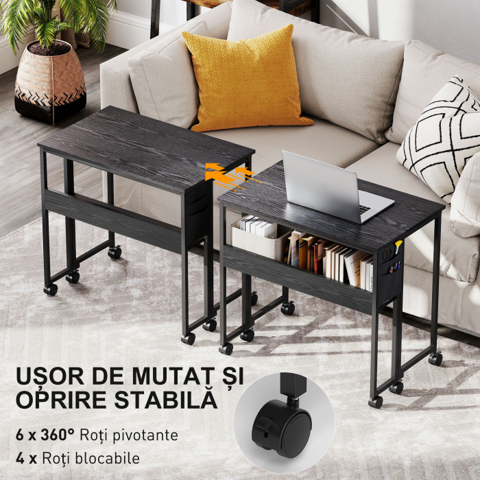  Birou Pliabil cu Blat Rabatabil, Raft, Buzunar si Roti, Negru [6]