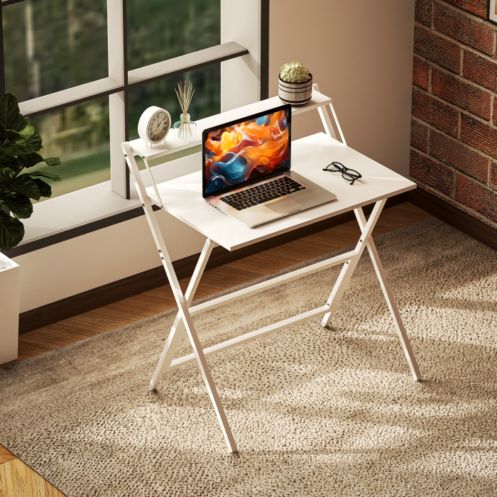  Birou Pliabil cu Polita pentru Monitor, 81.5x62x86.5 cm Alb [8]
