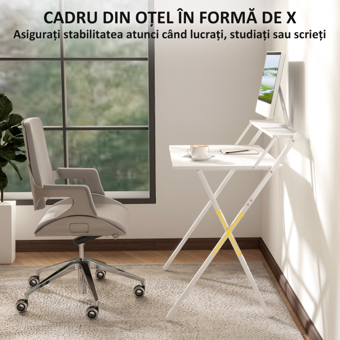  Birou Pliabil cu Polita pentru Monitor, 81.5x62x86.5 cm Alb [6]