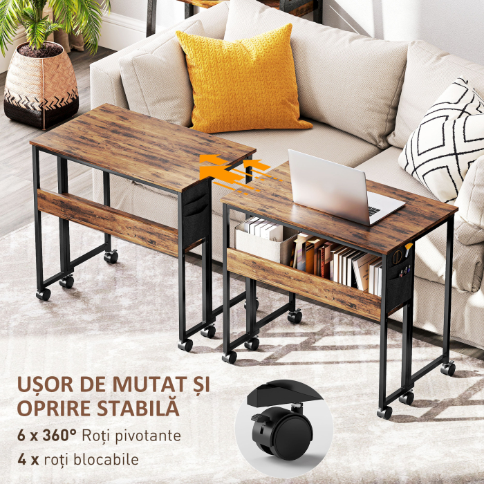  Birou Pliabil cu Raft Deschis si Buzunar Lateral, din Lemn si Otel, 80x50x75 cm, Maro si Negru [6]