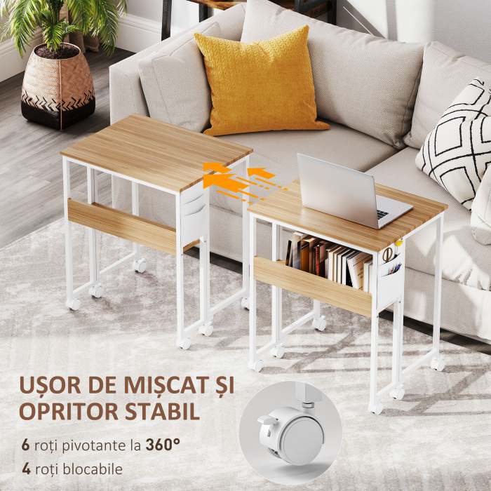  Birou Pliabil de 80 cm cu Raft de Depozitare si Blat Rabatabil pe Roti - Alb [6]
