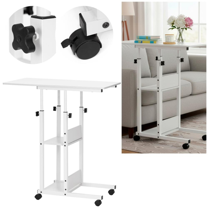 Birou reglabil pe inaltime cu rafturi si roti, blat din lemn si structura metalica, 80x40x76-86 cm, alb [2]