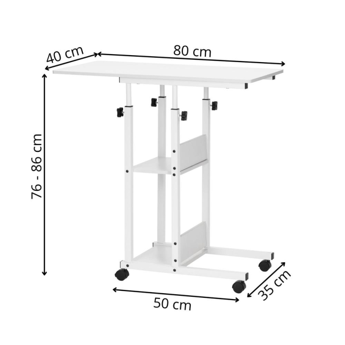 Birou reglabil pe inaltime cu rafturi si roti, blat din lemn si structura metalica, 80x40x76-86 cm, alb [15]