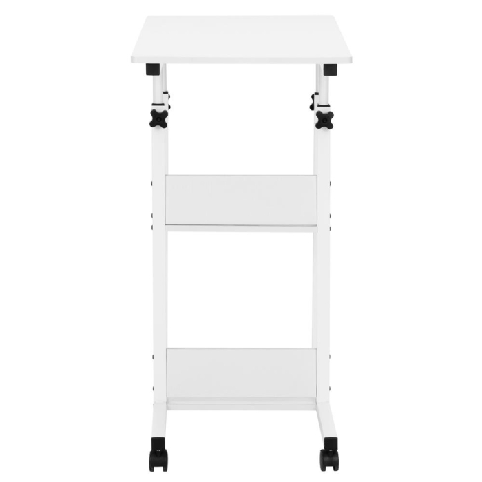 Birou reglabil pe inaltime cu rafturi si roti, blat din lemn si structura metalica, 80x40x76-86 cm, alb [7]