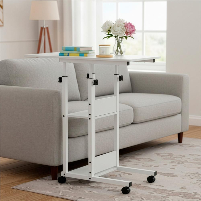 Birou reglabil pe inaltime cu rafturi si roti, blat din lemn si structura metalica, 80x40x76-86 cm, alb [5]