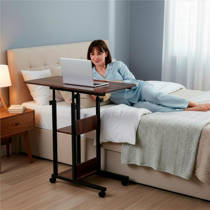 Birou reglabil pe inaltime cu rafturi si roti, blat din lemn si structura metalica, 80x40x76-86 cm, maro inchis [7]