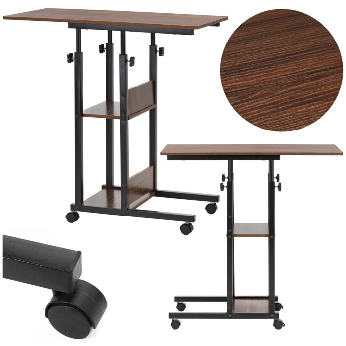 Birou reglabil pe inaltime cu rafturi si roti, blat din lemn si structura metalica, 80x40x76-86 cm, maro inchis [4]