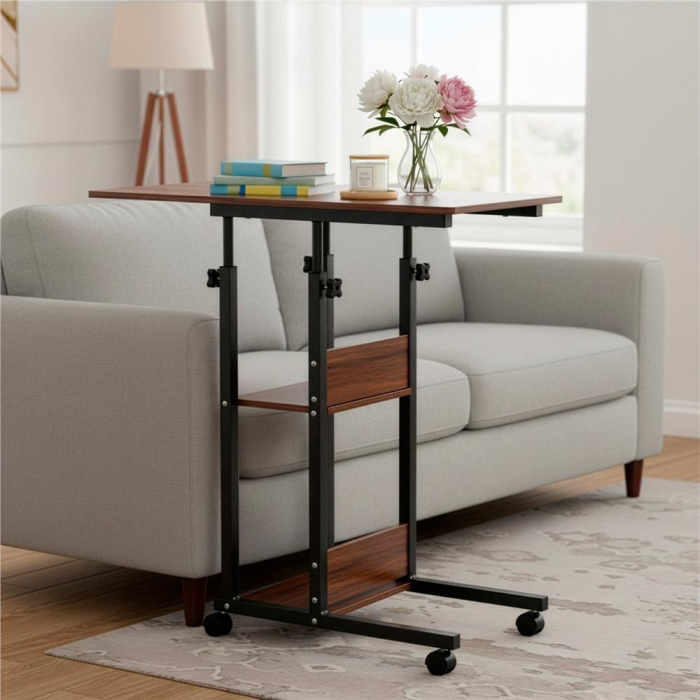 Birou reglabil pe inaltime cu rafturi si roti, blat din lemn si structura metalica, 80x40x76-86 cm, maro inchis [6]