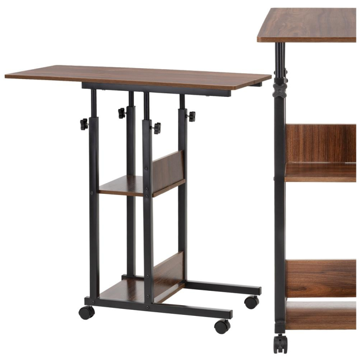 Birou reglabil pe inaltime cu rafturi si roti, blat din lemn si structura metalica, 80x40x76-86 cm, maro inchis [5]