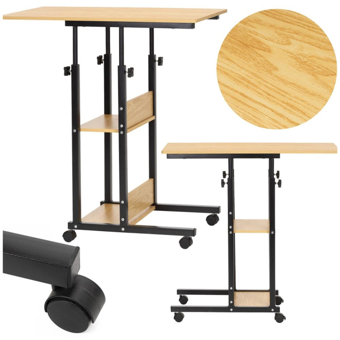 Birou reglabil pe inaltime cu rafturi si roti, blat din lemn si structura metalica, 80x40x76-86 cm, maro natur [4]