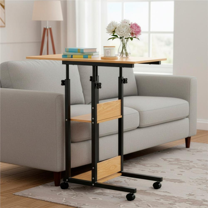 Birou reglabil pe inaltime cu rafturi si roti, blat din lemn si structura metalica, 80x40x76-86 cm, maro natur [10]