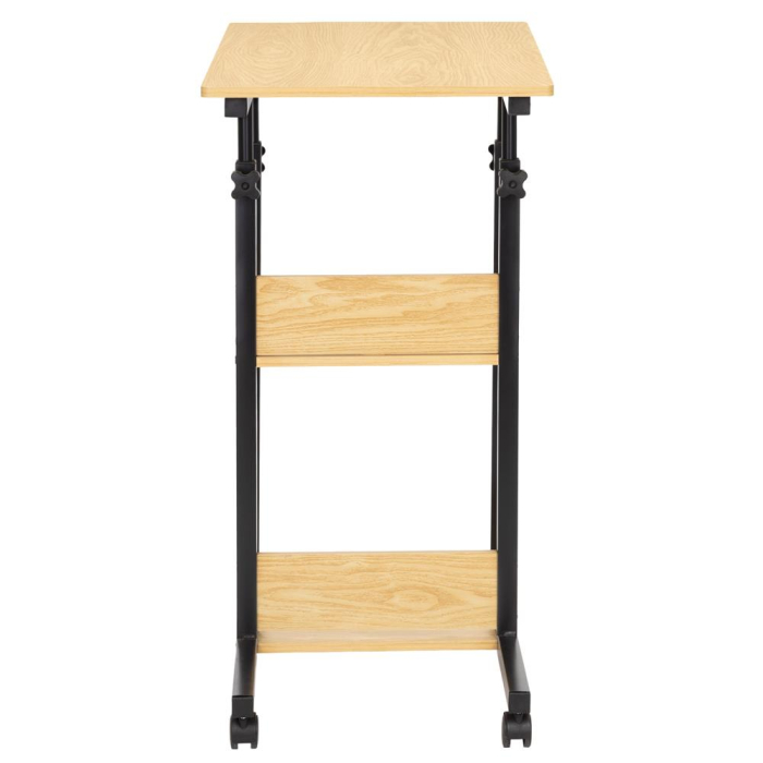 Birou reglabil pe inaltime cu rafturi si roti, blat din lemn si structura metalica, 80x40x76-86 cm, maro natur [11]