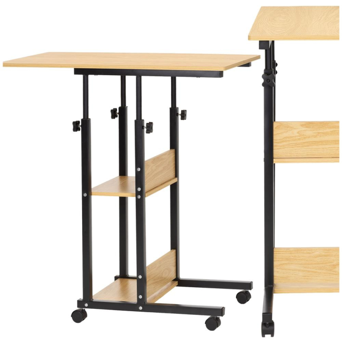 Birou reglabil pe inaltime cu rafturi si roti, blat din lemn si structura metalica, 80x40x76-86 cm, maro natur [2]