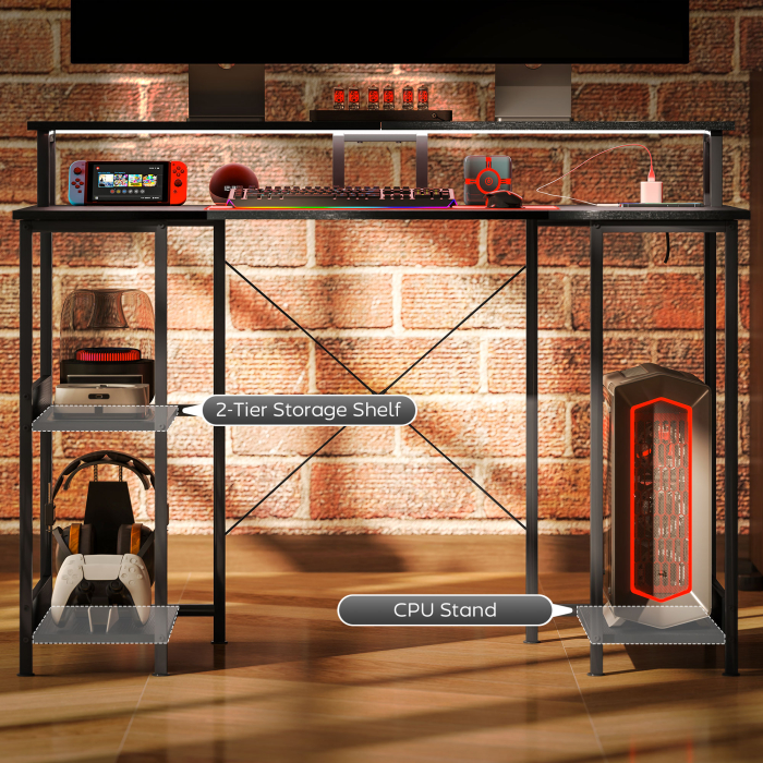  Birou Reversibil pentru Calculator cu Prize, Lumini LED, Suport Dublu si Rafturi Reglabile, 120x50x89,5 cm, Negru [8]