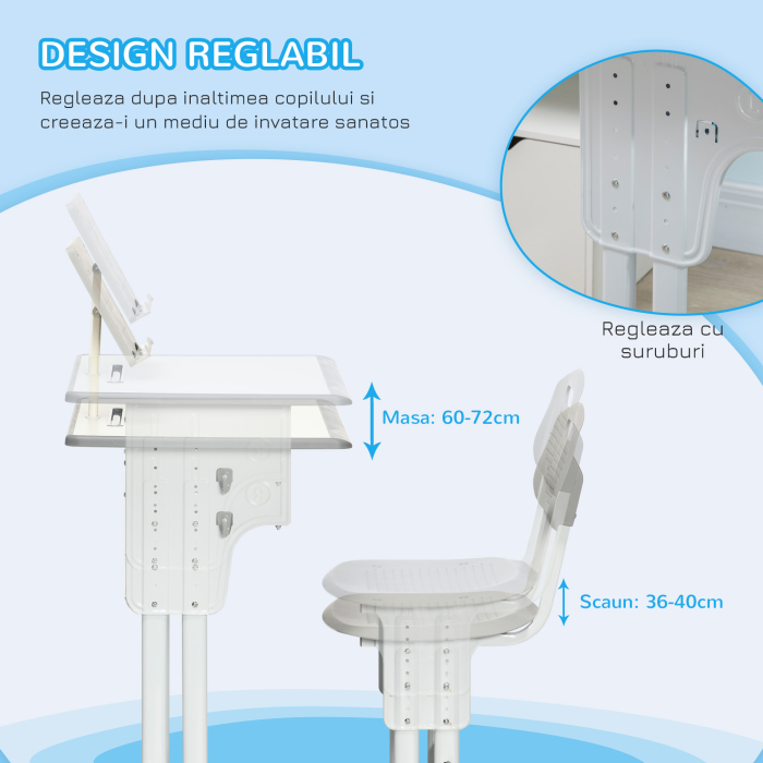  Birou scolar Copii 6-12 Ani - Reglabil cu Pupitru si Scaun [6]