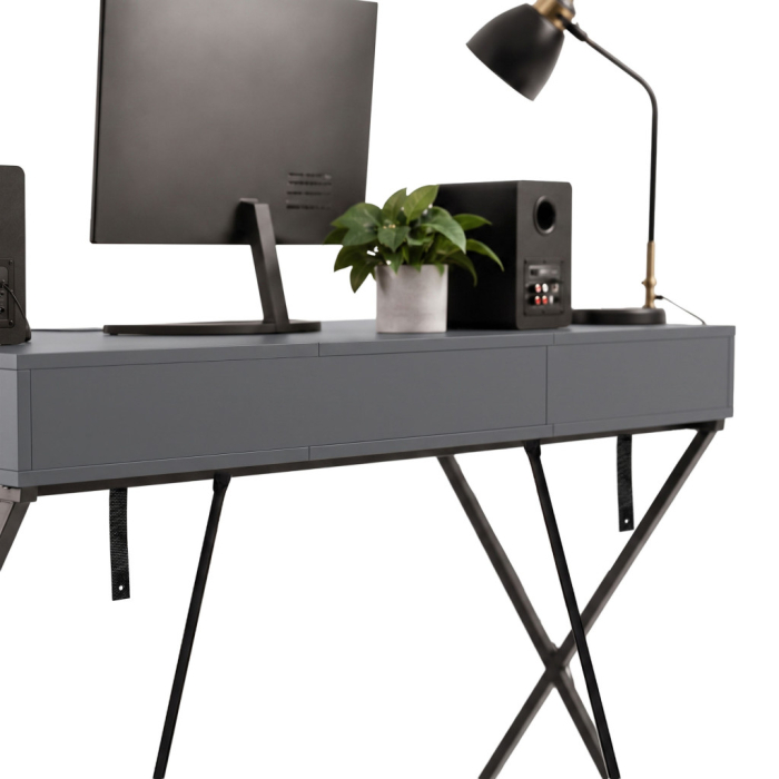 Birou stil industrial, MDF melaminat, cu 2 sertare si raft, cadru metalic, 120x50x81 cm, gri grafit [4]