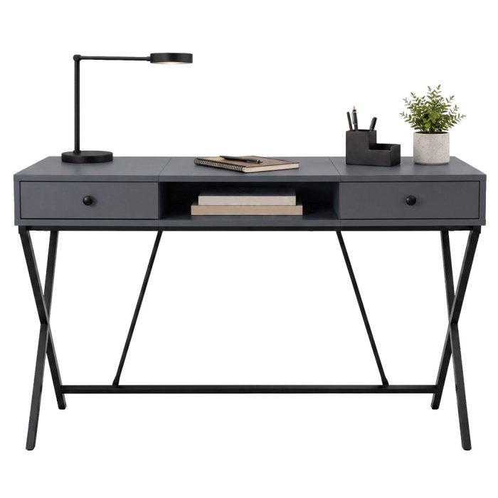 Birou stil industrial, MDF melaminat, cu 2 sertare si raft, cadru metalic, 120x50x81 cm, gri grafit [2]