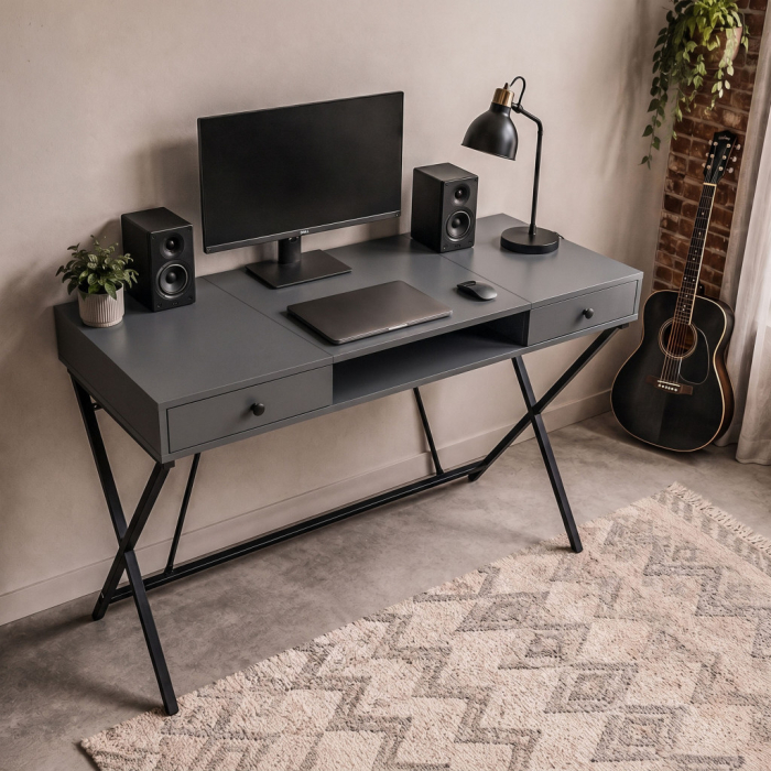 Birou stil industrial, MDF melaminat, cu 2 sertare si raft, cadru metalic, 120x50x81 cm, gri grafit [8]
