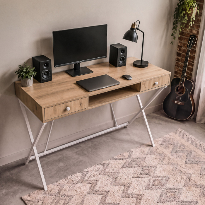 Birou stil industrial, MDF melaminat, cu 2 sertare si raft, cadru metalic, 120x50x81 cm, stejar artisan [8]