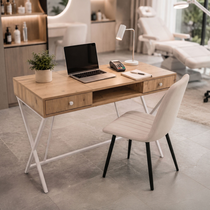 Birou stil industrial, MDF melaminat, cu 2 sertare si raft, cadru metalic, 120x50x81 cm, stejar artisan [9]