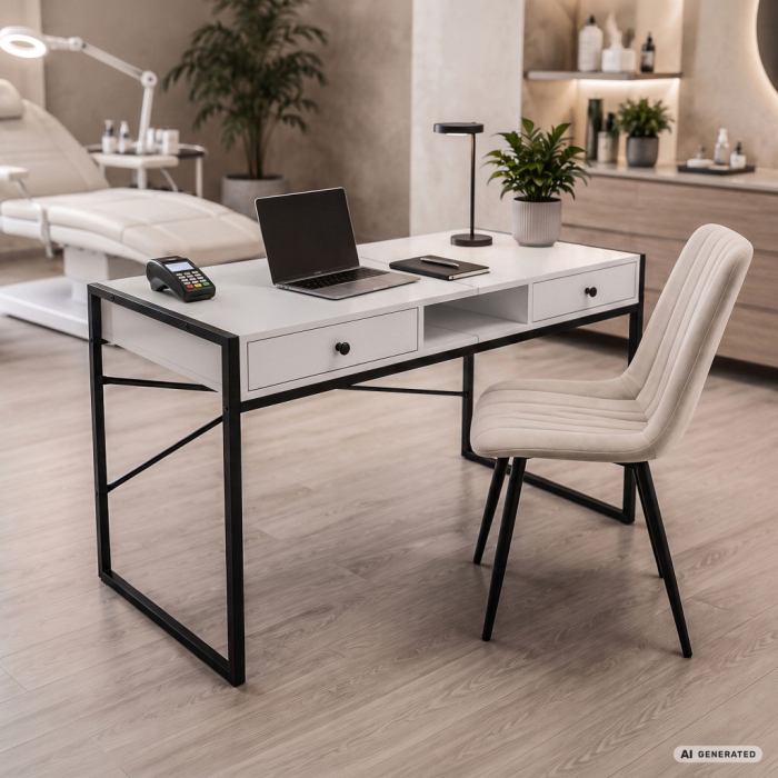 Birou stil industrial, MDF melaminat, cu 2 sertare si raft, cadru metalic, 123x48x81 cm, alb [8]