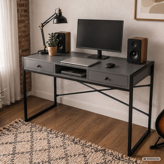 Birou stil industrial, MDF melaminat, cu 2 sertare si raft, cadru metalic, 123x48x81 cm, gri grafit [8]