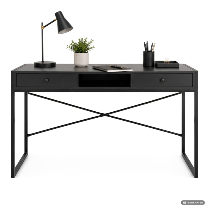 Birou stil industrial, MDF melaminat, cu 2 sertare si raft, cadru metalic, 123x48x81 cm, negru [2]