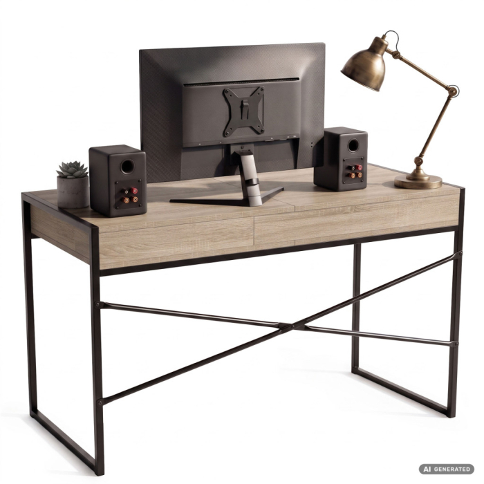Birou stil industrial, MDF melaminat, cu 2 sertare si raft, cadru metalic, 123x48x81 cm, stejar sonoma [4]