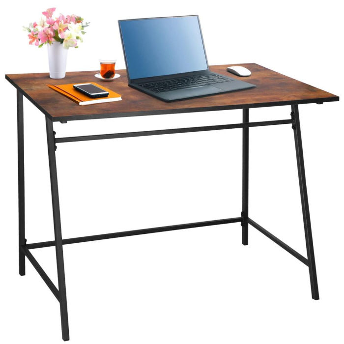 Birou tip masa laterala, cu cadru din otel, 50x100x76 cm, industrial, maro [3]