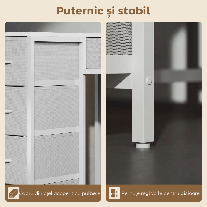  Birou Unghiular cu 6 Sertare cu Carlig Lateral si Prize Integrate, din Lemn si Otel, 126x48x80 cm, Alb [8]