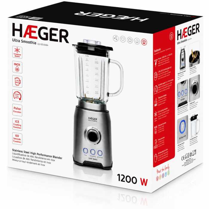 Blender HAEGER ULTRA SMOOTHIE, Capacitate 1,75 L, Putere 1200 W, Bol din sticla detasabil, Lame din titan, Viteza variabila, Functie Pulse si gheata, Aluminiu [8]