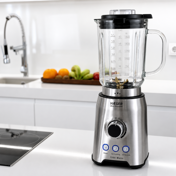 Blender HAEGER ULTRA SMOOTHIE, Capacitate 1,75 L, Putere 1200 W, Bol din sticla detasabil, Lame din titan, Viteza variabila, Functie Pulse si gheata, Aluminiu [2]
