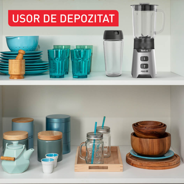 Blender Tefal Minimix BL16GE30, 400W, 2 trepte de viteza, recipient termorezistent 0.7 L, recipient portabil 0.6 L, lame detasabile Powelix, arginti [9]
