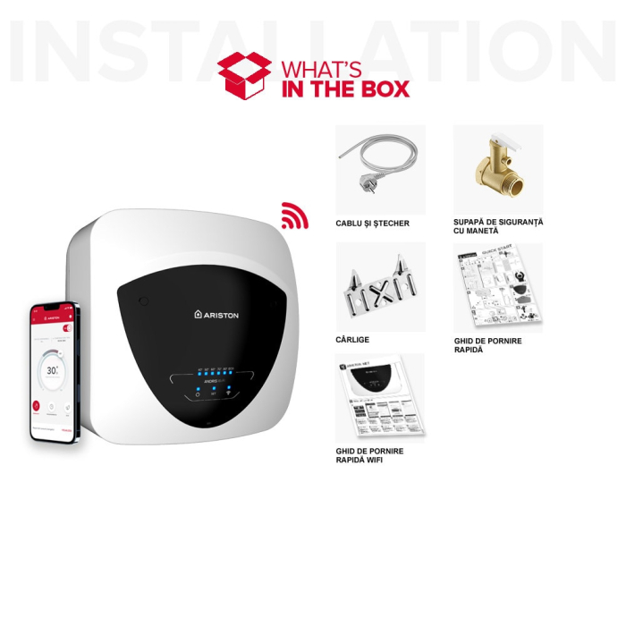 Boiler electric Ariston Andris Elite WiFi 10/5 EU, 10l, 1200W, butoane soft touch, control vocal, clasa energetica A, Montare deasupra chiuvetei, 360x360x298mm, Alb [3]