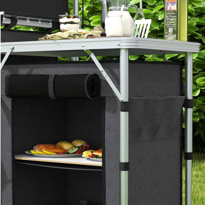  Bucatarie de Camping Pliabila cu 3 Blaturi, 5 Rafturi Interne si 4 Carlige, 172x48x119 cm, Negru [9]