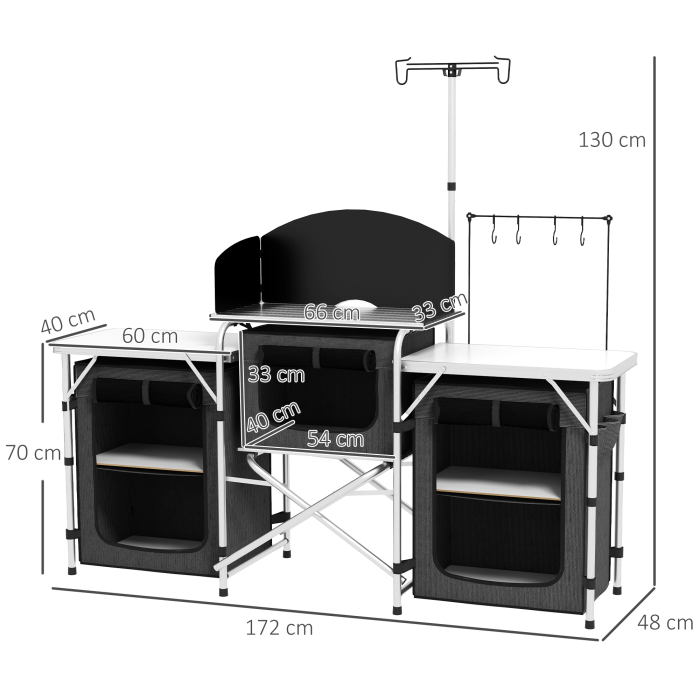  Bucatarie de Camping Pliabila cu 3 Blaturi, 5 Rafturi Interne si 4 Carlige, 172x48x119 cm, Negru [3]
