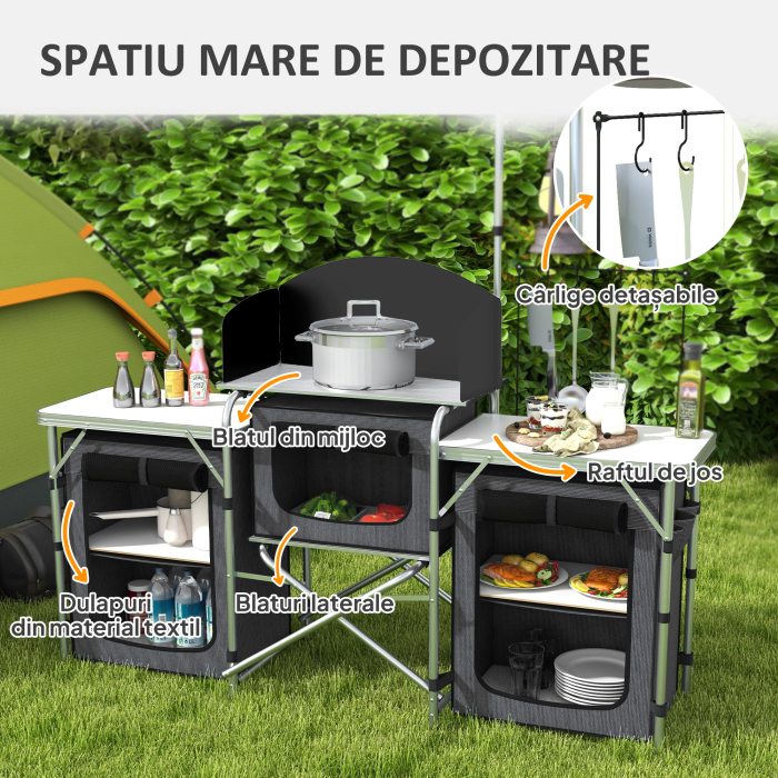  Bucatarie de Camping Pliabila cu 3 Blaturi, 5 Rafturi Interne si 4 Carlige, 172x48x119 cm, Negru [4]