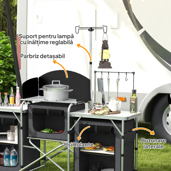  Bucatarie de Camping Pliabila cu 3 Blaturi, 5 Rafturi Interne si 4 Carlige, 172x48x119 cm, Negru [5]