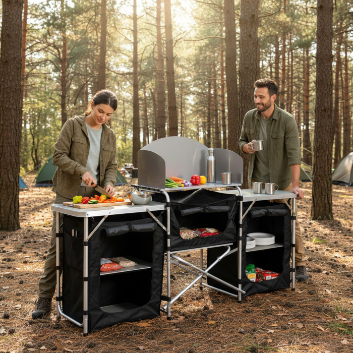 Bucatarie de camping pliabila cu 3 blaturi, cadru aluminiu, portabila pentru exterior, 175x40x111 cm [3]