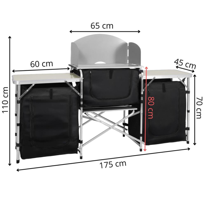 Bucatarie de camping pliabila cu 3 blaturi MDF, cadru aluminiu, portabila pentru exterior, 175x45x110 cm, gri [36]